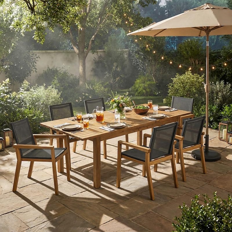 Christopher Knight Home - Farmhouse 7-Piece Extendable Acacia Wood Outdoor Dining Set with Slatted Table and Mesh Chairs - Teak + Black