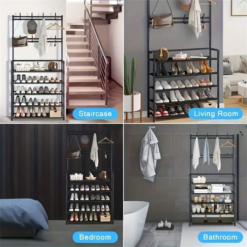 Multifunctional Storage Rack, 4-in-1 Self-Assembled Shoe Rack with Hooks