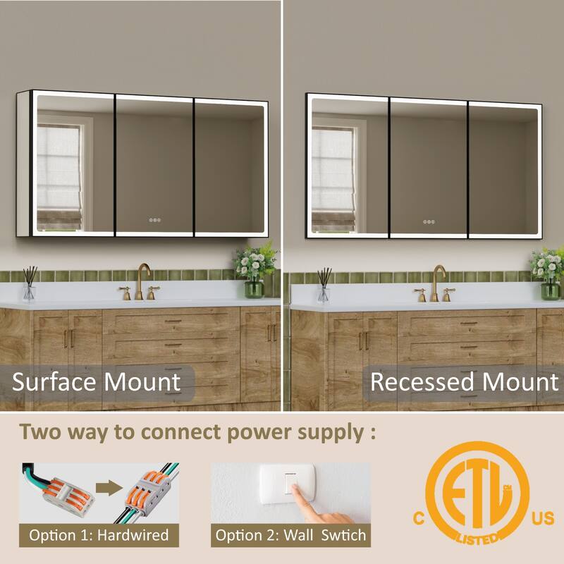 Grand Aluminum Medicine Cabinet with Mirror, Adjustable Shelves, Dimmable Light, Anti-Fog, Recessed or Wall Mount