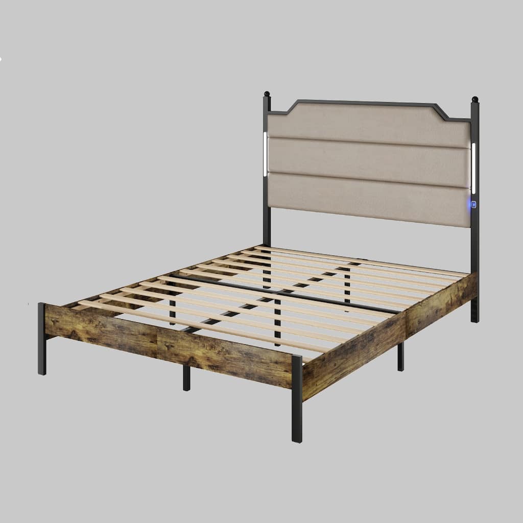 Modern Queen/King Bed Frame with USB Charging, LED Lights, Upholstered Headboard, Wood Slats, Easy Assembly