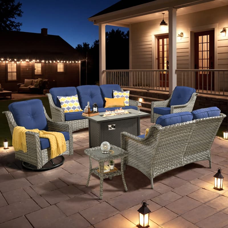 XIZZI Outdoor Wicker Patio Furniture Conversation Set with Fire Table - 6-piece - Navy Blue