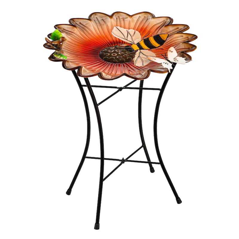 16.5" Metal Bird Bath with Stand, Sunflower & Bee