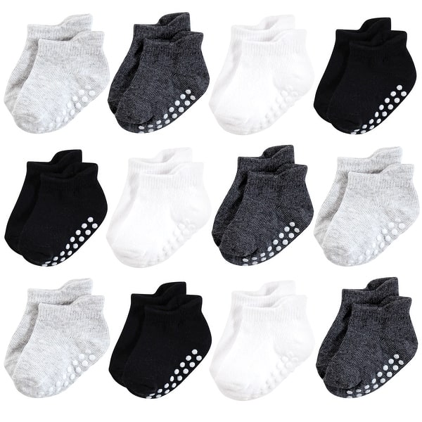 slide 1 of 1, Hudson Baby Infant Boy Non-Skid No-Show Socks, Black White 0-6 Months - Black White