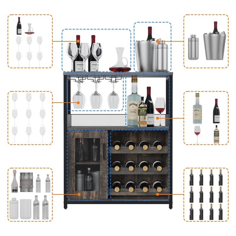 3-Tier Wine Bar Cabinet with LED Lights, Detachable Wine Rack and Storage Space, Small Liquor Bar Cabinet