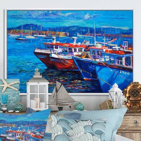 Designart "Fishing Boat In Golden Sunset Ii" Nautical & Coastal Framed Canvas Wall Art
