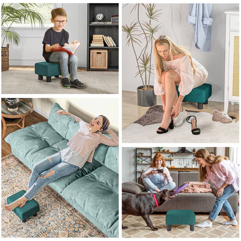 Ottoman Foot Rest, Small Foot Stool with Linen Fabric Upholstery and Plastic Legs, Cube Ottoman - Green