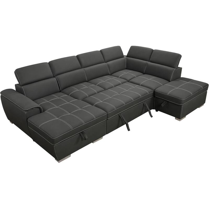 Roomfitters 128" U-Shaped Sectional Couch with Ottomans, Reversible Modular Sofa 7-Seater Couch with Storage Seat, Grey