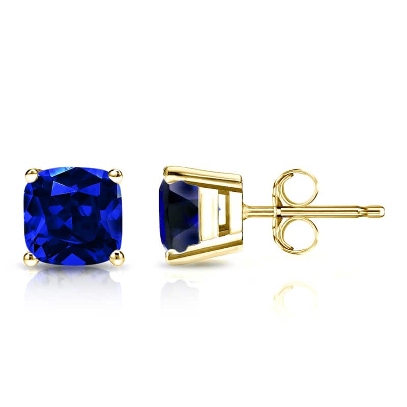 Auriya 14k Gold Lab Grown Gemstone Blue Sapphire Stud Earrings Cushion 0.25 to 5.00 ct. tw. 4-Prong Basket Push-Back - 1.00ct tgw. - Yellow