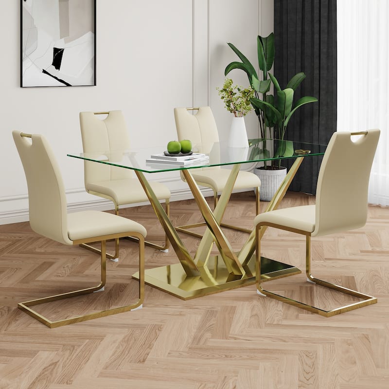 5-Piece Rectangular Dining Table Set for 4 Modern 63" Tempered Glass Kitchen Table with 4 Chairs, Luxury Dining Room Table Set