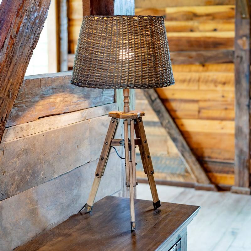 Rattan Style Table Lamp with Wooden Tripod and Bamboo Shade - 15.5x15.5x33