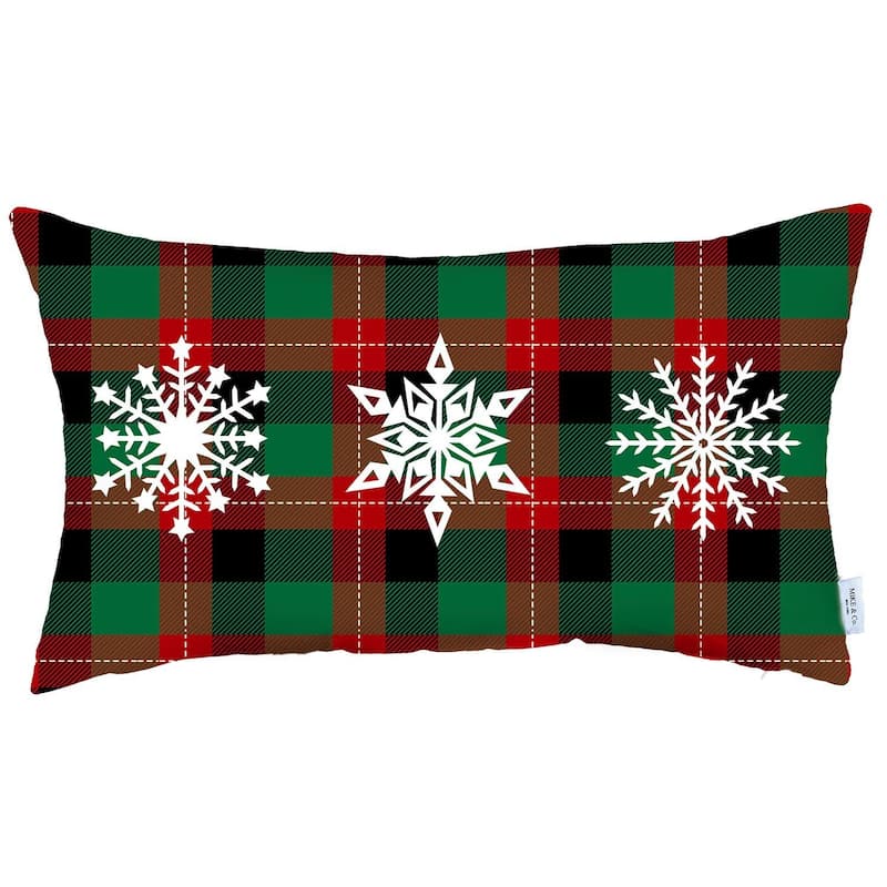 HomeRoots 12" X 20" Green Red And Black Christmas Snowflakes Trio Plaid Throw Pillow Cover