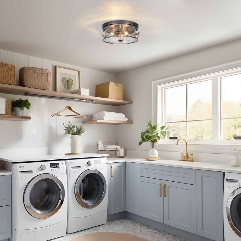 Modern 3-Light Gunmetal Silver Drum Flush Mount Light Seeded Glass Ceiling Lights for Foyer - D 13.5" x H 6"