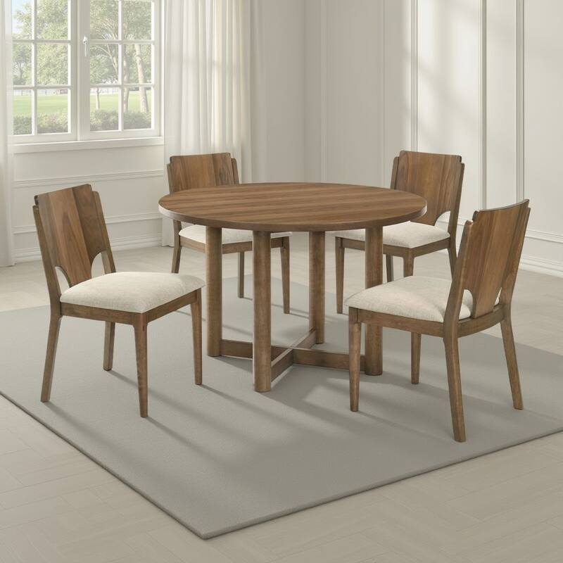 Billie 5pc Round Dining Table and 4 Chairs Set, Walnut Brown and Beige