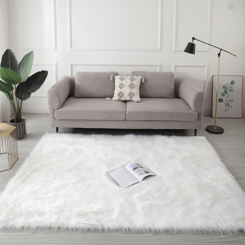 84 in L Ultra Soft Fluffy Faux Fur Sheepskin Area Rug - 6' x 7' - White