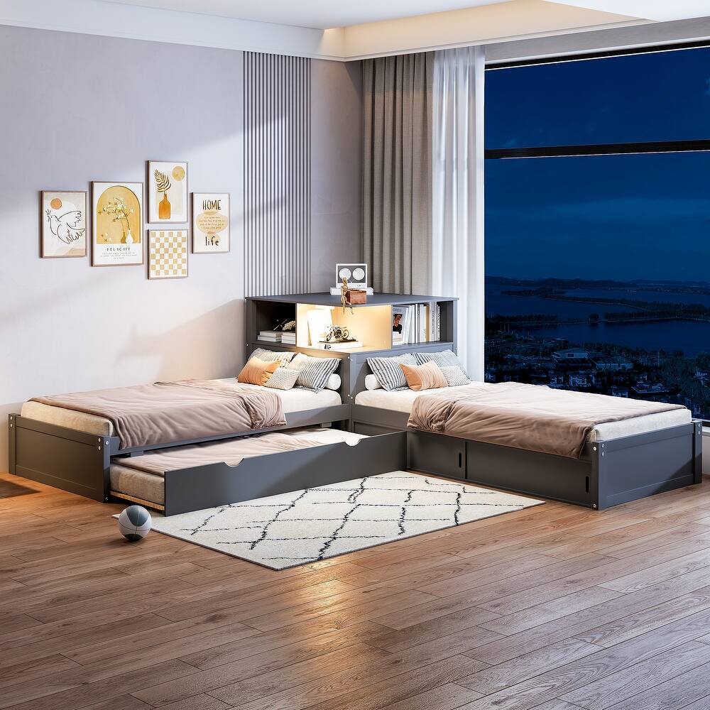 Twin Size L-shaped Bed with Trundle Bed and Storage Cabinets, Desk, Lighting, Corner Platform Storage Bed
