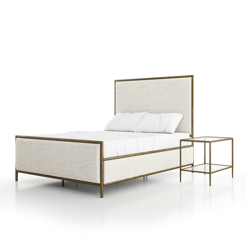 247 Shop At Home Lalia Modern 2-Piece Upholstered Hammered Metal Panel Bedroom Set with Nightstand - Matte Gold - Queen