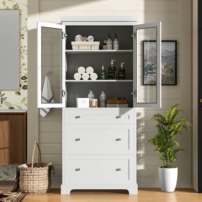 70.1" Modern Bathroom Cabinet with 3 Drawers & Glass Doors - Tall Storage with 2 Adjustable Shelves and Soft Close Mechanism