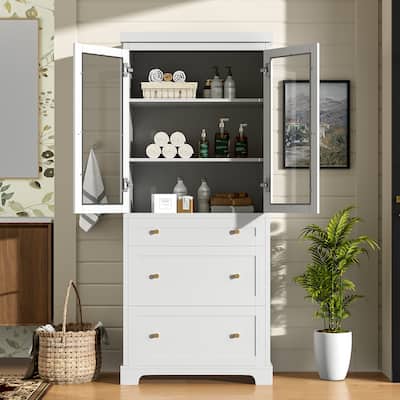 70.1-Inch Modern Freestanding Tall Storage Cabinet with 2 Adjustable Shelves & 3 Soft-Close Drawers – Glass Door Design.