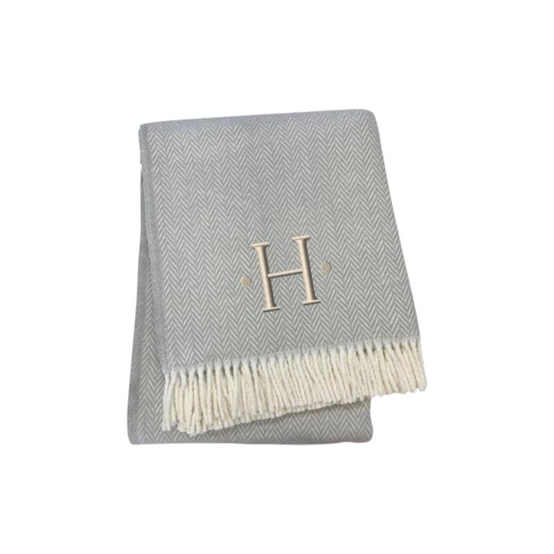 HomeRoots 55" X 70" Gray And White Herringbone Cotton Blend H Initial Throw Blanket with Tassels And Embroidery