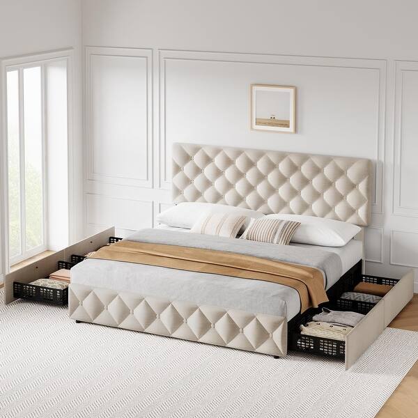 Linen Upholstered Platform Bed Frame Diamond Stitched Button Tufted