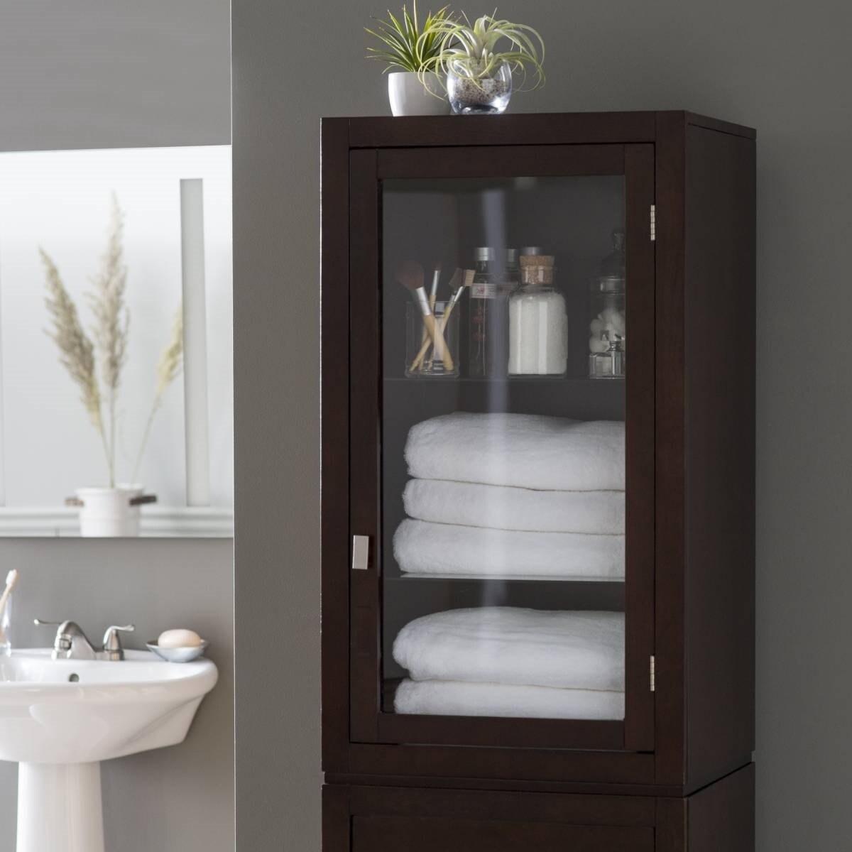 Shop Espresso Wood Linen Tower Bathroom Storage Cabinet With Glass Paneled Door Overstock 30677584