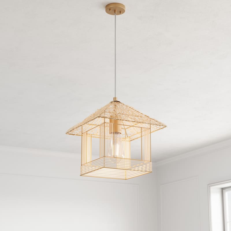 Farmhouse 1-Light Creative Rattan Woven House-Shaped Pendant Lighting Fixture