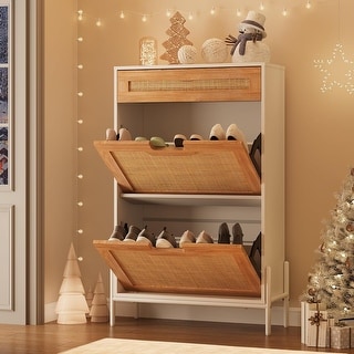 Natural Rattan Shoe Cabinet, 2 Flip Door Shoe Rack with a Drawer - Bed ...