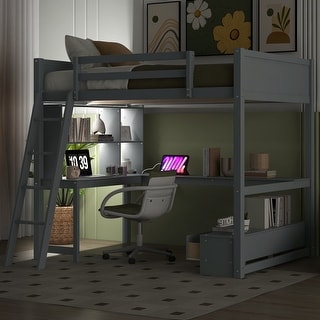 Full Pine Loft Bed with Desk & Smart Charging