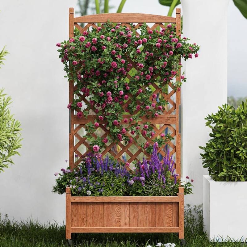 Elevated Raised Garden Bed with Trellis Drainage Holes & Wheels