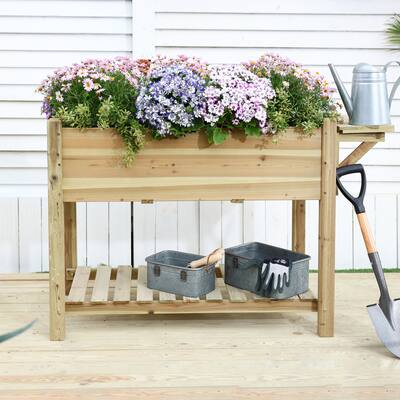 48-inch W Brown Wood Rectangular Raised Garden Planter with Shelf Storage