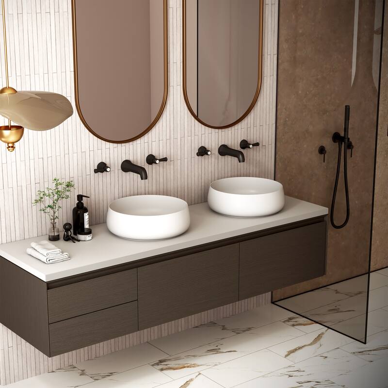 Solid Surface Vessel Bathroom Sink with Pop-Up Drain and Drain Hose, Modern Above Counter Wash Basin with Center Drain