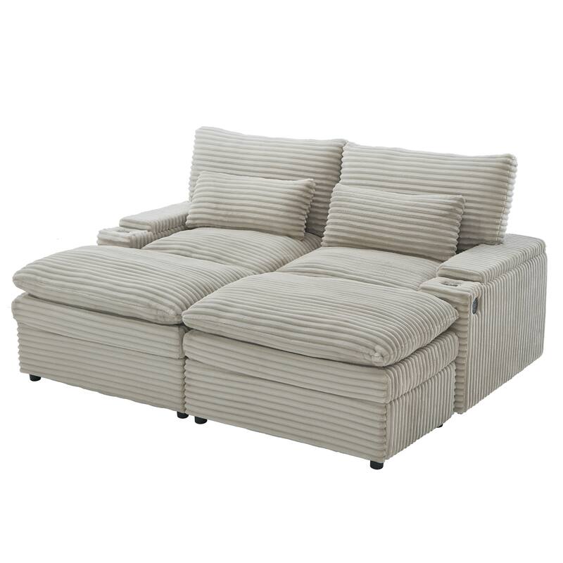 L-Shaped Corduroy Sectional Sofa w/ USB Ports & Cup Holders, 2-seater Sofa Loveseat w/ 2 Ottomans, Convertible Sleeper Sofa Bed