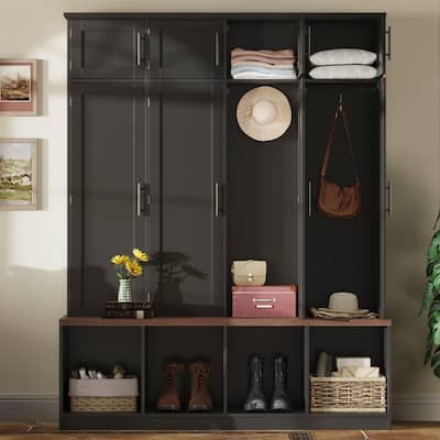 Farmhouse Hall Tree with 4 Hidden Hanging Hooks and Versatile Walnut Seating Bench