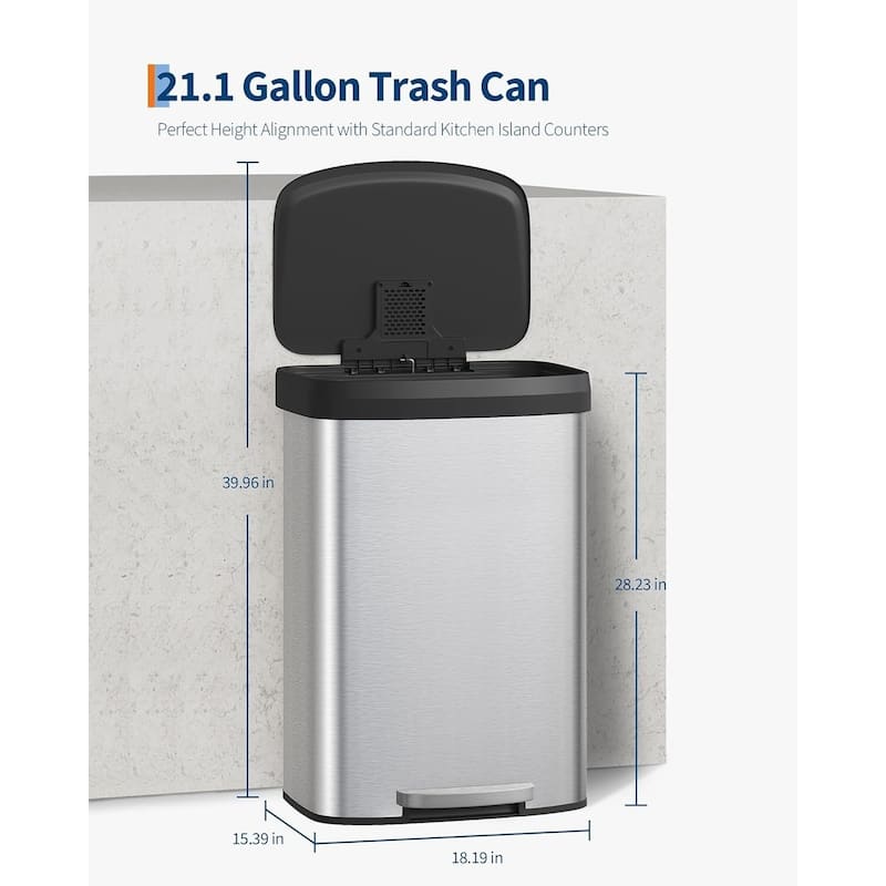 21 Gal Step-on Stainless Steel Trash Can with Soft-Close Lid for Home, Kitchen, Office