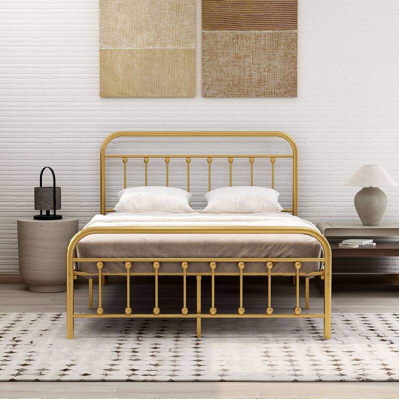 NNV Platform Metal Bed Frame with Victorian Style Iron-Art Headboard