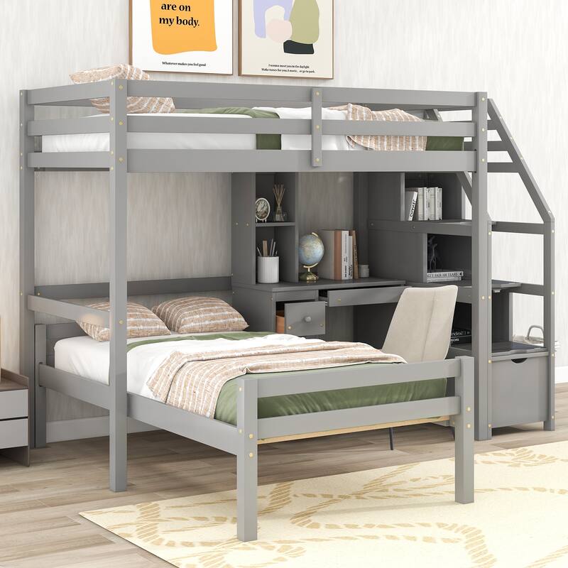 Space-Saving Twin Loft Bed with Stand-Alone Bed, Storage Stairs, Desk and Shelves, Gray