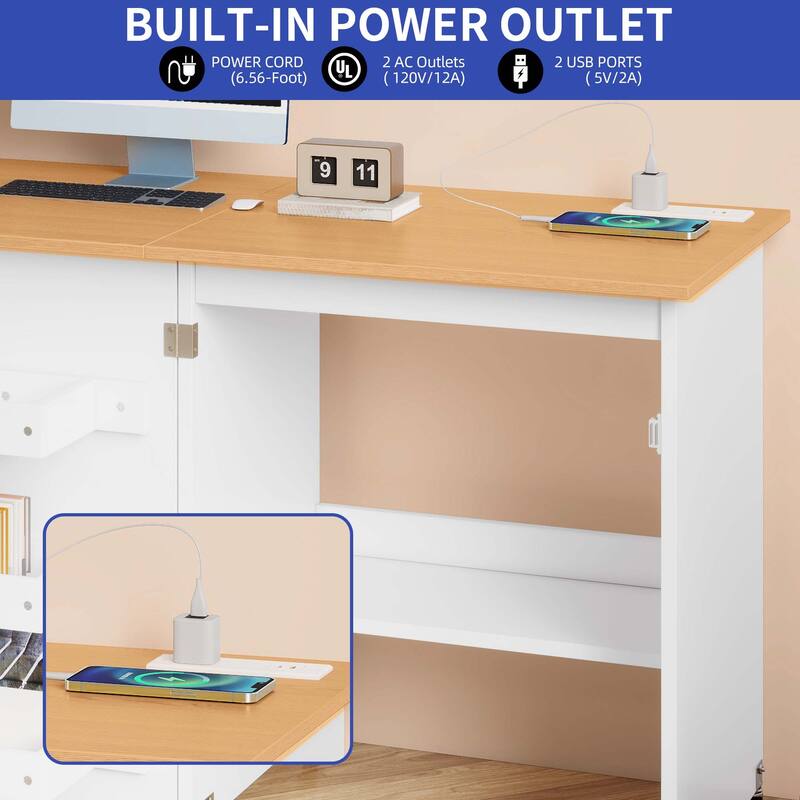 Moasis Folding Sewing Craft Table with Storage Shelves Cabinet With Charge Station