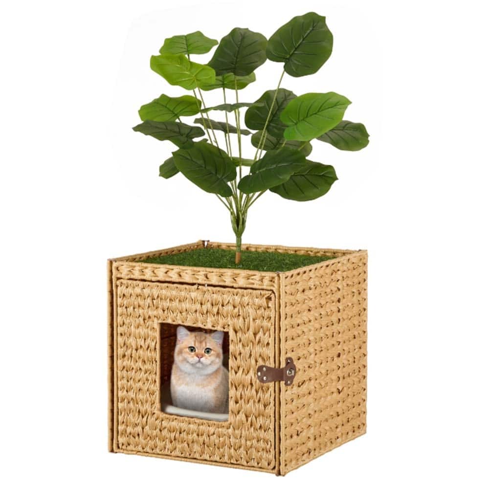 Cat Litter Box Enclosure with Faux Plant and Litter Mat, Hidden Handwoven Rattan Planter Cat House Furniture