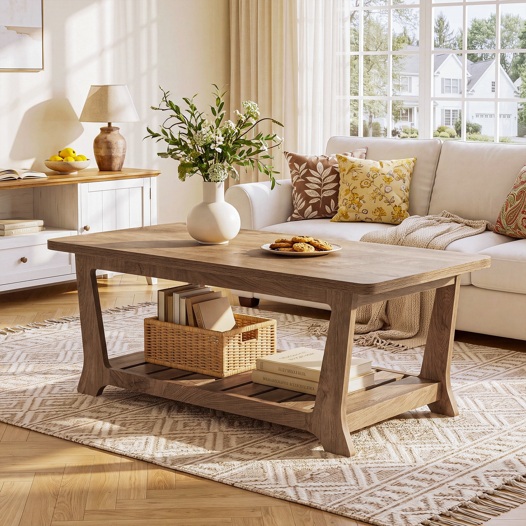 47.2" Farmhouse Coffee Tables for Living Room with Shelves