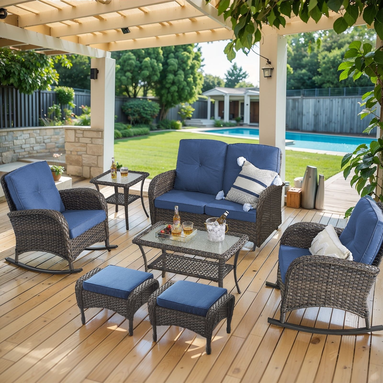 Outdoor Glider Sofa Rocker Chairs Ottomans Set Brown-Blue - Brown