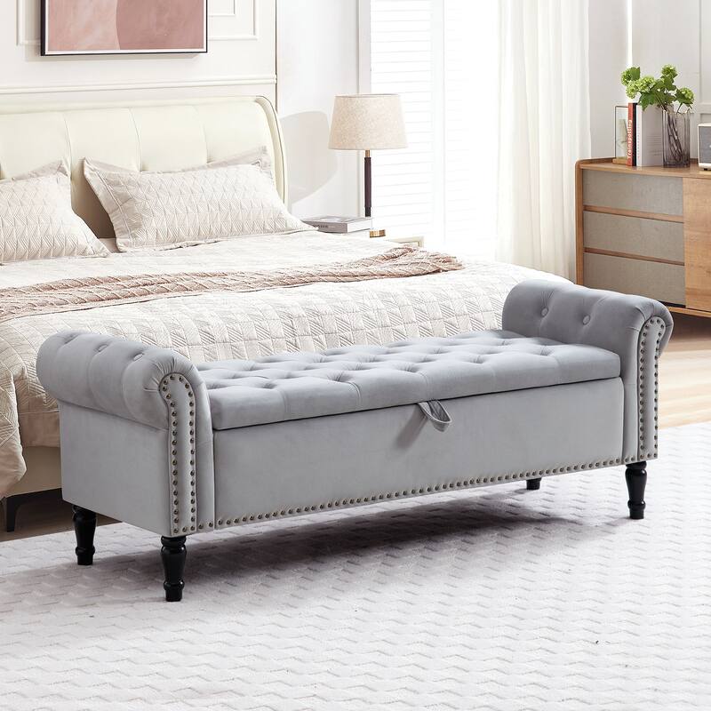 67" Velvet or PU Tufted Storage Bench for Bedroom End of Bed with Roll Arms