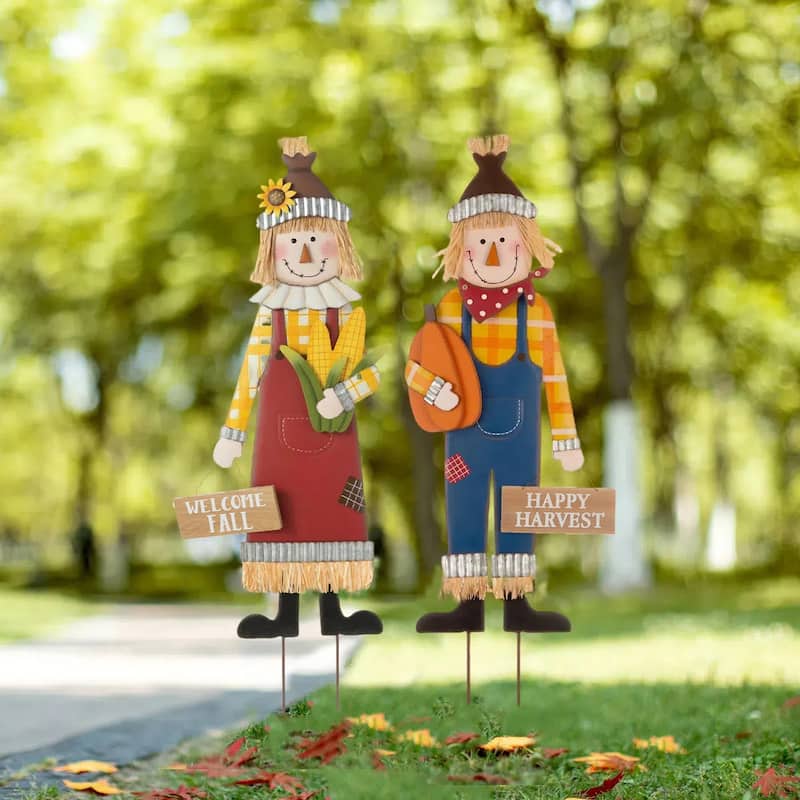 Glitzhome Fall Metal Scarecrow Yard Stake Standing/Hanging Decor for Thanksgiving - Girl & Boy
