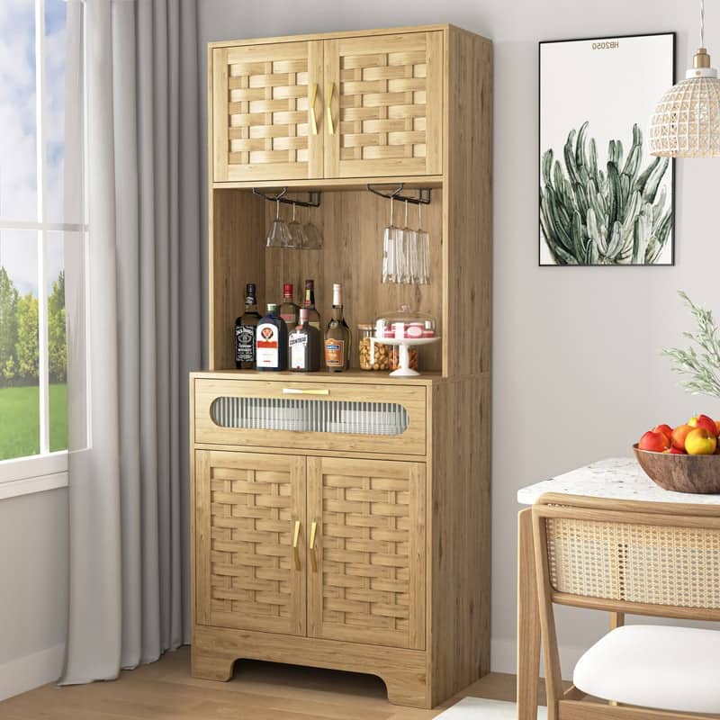Mieres 63" Tall Kitchen Pantry Cabinet, Kitchen Pantry Storage Cabinet with Wine Glass Holder and Anti-tipping