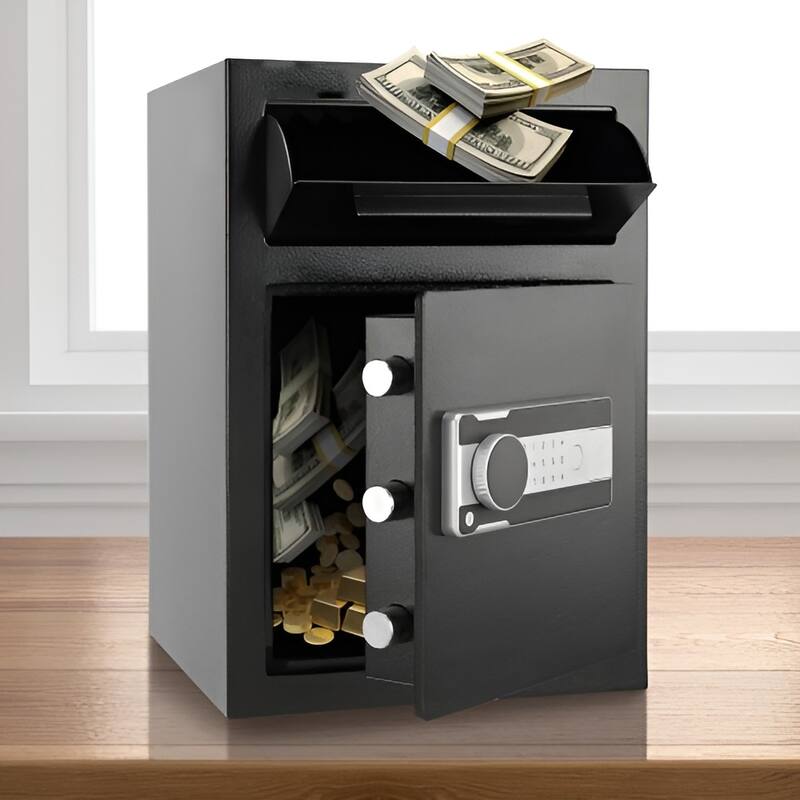 Black Steel 1.7 Cub Depository Safe with Drop Slot, Alarm and Dual Password Access