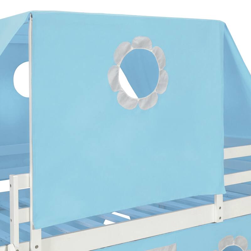 Twin Playhouse Loft Bed with Bed Tent and Semi-enclosed Underbed Space