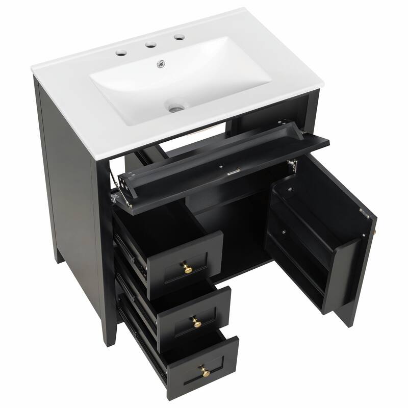 Bathroom Vanity with Sink, Modern MDF and Rubberwood Cabinet with 3 Drawers and Adjustable Shelf