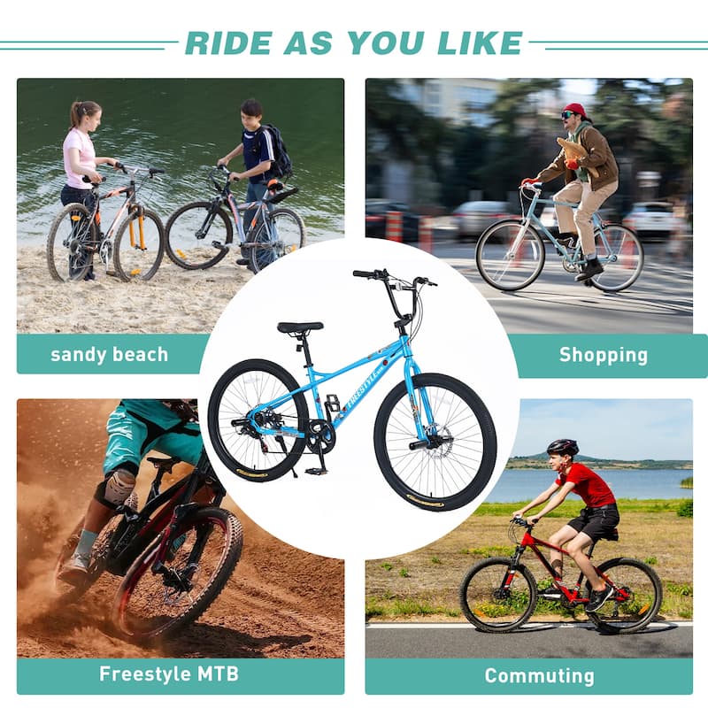 Freestyle Kids Mountain Bike, 26-inch, Shimano 7-Speed, Double Disc Brakes, Purple Bicycle for Boys & Girls 12+ Years