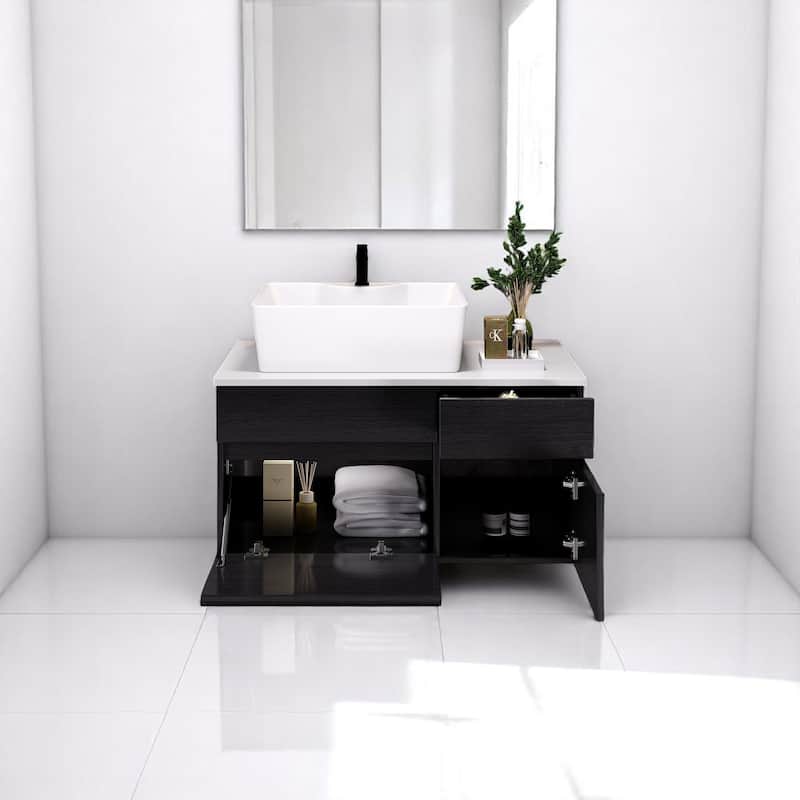 Modern 31.5 Inch Wall-Mounted Bathroom Vanity with Ceramic Vessel Sink and Drain Assembly Included