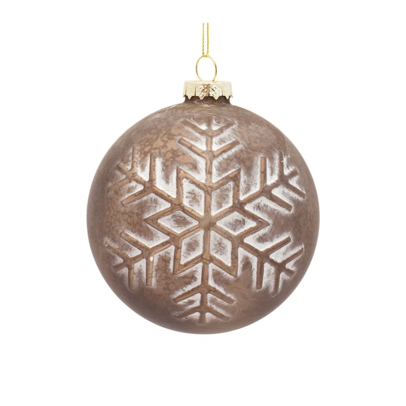 Snowflake Glass Christmas Ball Ornaments 5" (130Mm) Brown White 4Ct