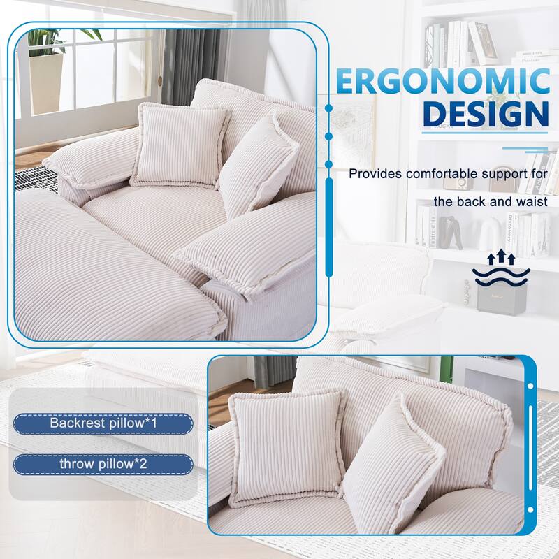 Deep Seat Accent Chair & Ottoman Set of 2, Reclining Sofa Chair, Corduroy Upholstered Chaise Lounge Couch with 2 Toss Pillows